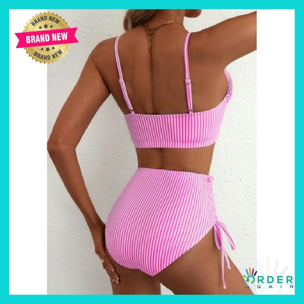 Women's High Waisted Bikini Set Ruffle Trim Adjustable Straps Chic Beachwear - Picture 3 of 8